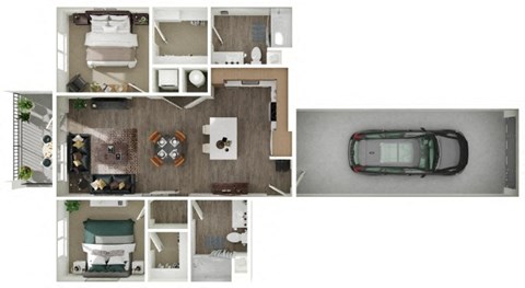 Floor plan for 2 beds, 2 baths, 985 sqft